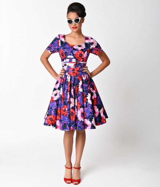 Unique_Vintage_Floral_Roman_Holiday_Sleeved_Scallop_Swing_Dress_2
